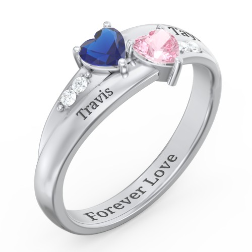 Double Heart Gemstone Ring with Accents – Sterling Silver with Blue Sapphire, Pink Tourmaline, and Cubic Zirconia