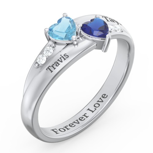 Double Heart Gemstone Ring with Accents – Sterling Silver with Blue Topaz, Blue Sapphire, and Cubic Zirconia