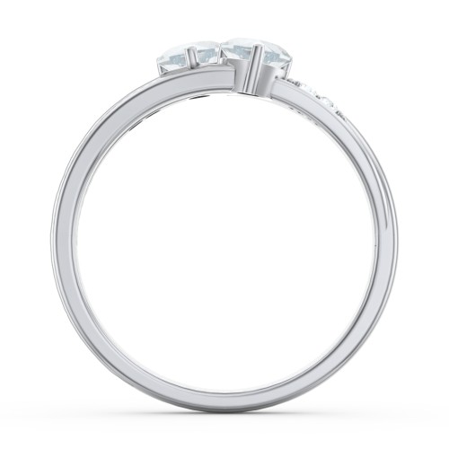 Double Heart Gemstone Ring with Accents – Sterling Silver with Aquamarine and Cubic Zirconia