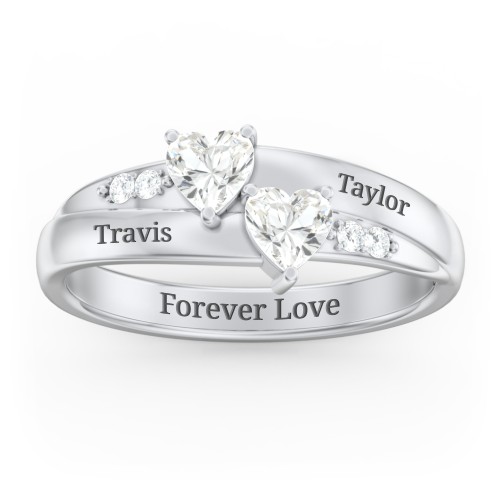 Double Heart Gemstone Ring with Accents – Sterling Silver with Cubic Zirconia
