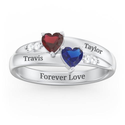 Double Heart Gemstone Ring with Accents – Sterling Silver with Garnet, Blue Sapphire, and Cubic Zirconia