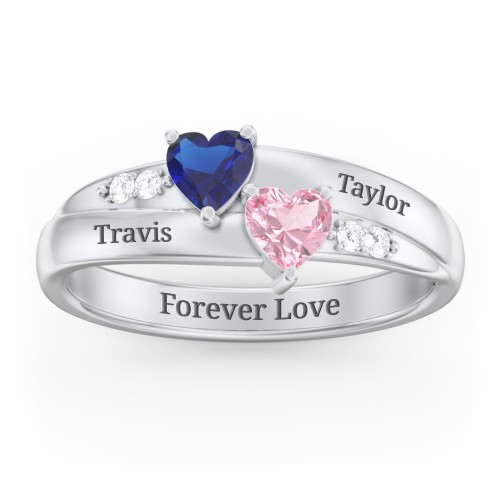 Double Heart Gemstone Ring with Accents – Sterling Silver with Blue Sapphire, Pink Tourmaline, and Cubic Zirconia