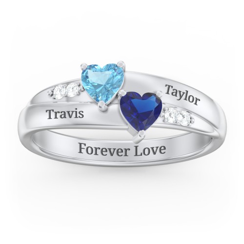 Double Heart Gemstone Ring with Accents – Sterling Silver with Blue Topaz, Blue Sapphire, and Cubic Zirconia