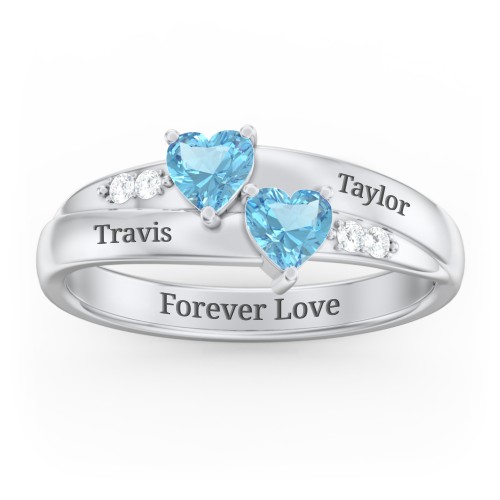 Double Heart Gemstone Ring with Accents – Sterling Silver with Blue Topaz and Cubic Zirconia