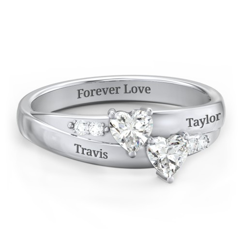 Double Heart Gemstone Ring with Accents – Sterling Silver with Cubic Zirconia