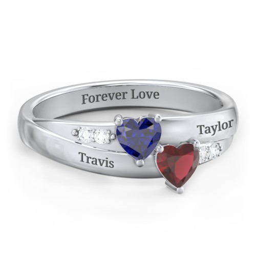 Double Heart Gemstone Ring with Accents – Sterling Silver with Blue Sapphire, Garnet, and Cubic Zirconia