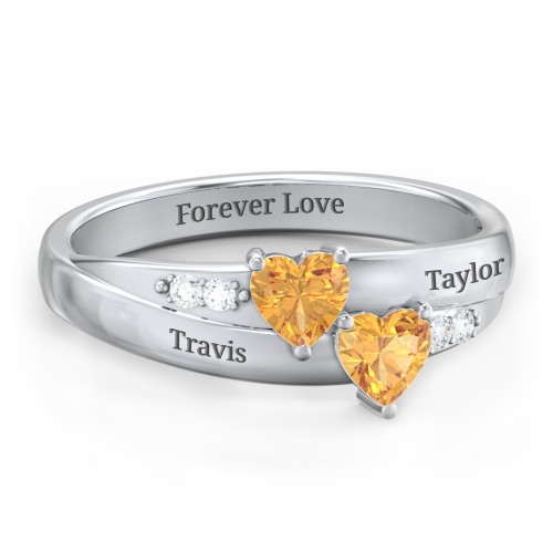 Double Heart Gemstone Ring with Accents – Sterling Silver with Citrine and Cubic Zirconia
