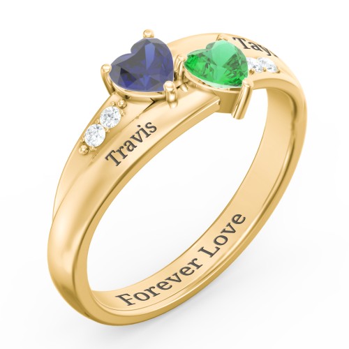 Double Heart Gemstone Ring with Accents – 10K Yellow Gold with Blue Sapphire, Emerald, and Cubic Zirconia