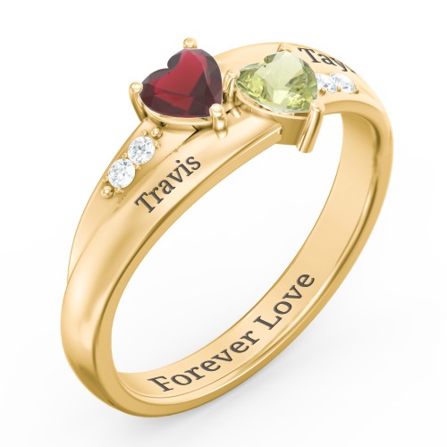 Double Heart Gemstone Ring with Accents – 10K Yellow Gold with Garnet, Peridot, and Cubic Zirconia