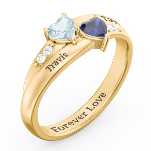 Double Heart Gemstone Ring with Accents – 10K Yellow Gold with Aquamarine, Blue Sapphire, and Cubic Zirconia