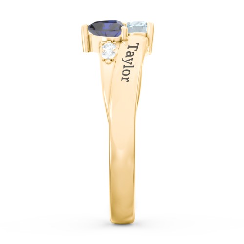Double Heart Gemstone Ring with Accents – 10K Yellow Gold with Aquamarine, Blue Sapphire, and Cubic Zirconia
