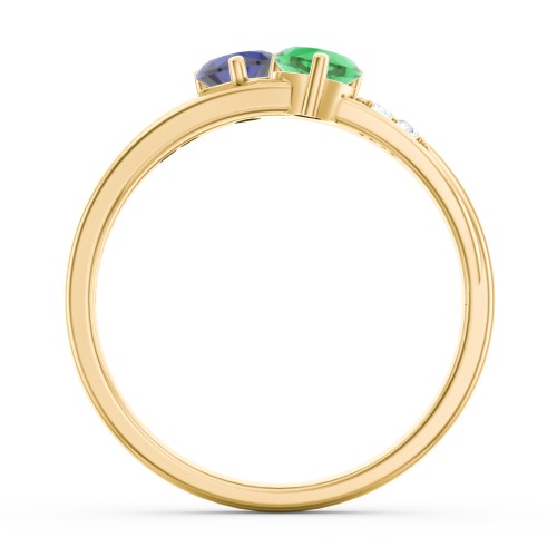 Double Heart Gemstone Ring with Accents – 10K Yellow Gold with Blue Sapphire, Emerald, and Cubic Zirconia