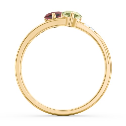 Double Heart Gemstone Ring with Accents – 10K Yellow Gold with Garnet, Peridot, and Cubic Zirconia