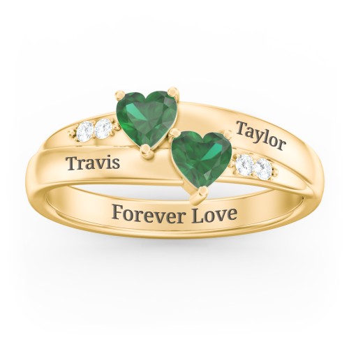 Double Heart Gemstone Ring with Accents – 10K Yellow Gold with Emerald and Cubic Zirconia