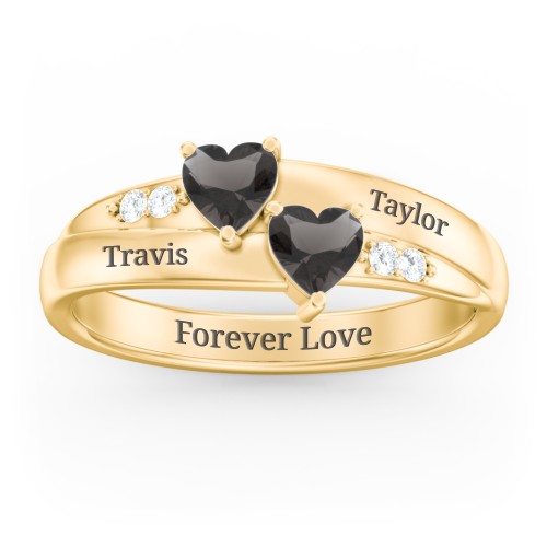 Double Heart Gemstone Ring with Accents – 10K Yellow Gold with Smokey Quartz and Cubic Zirconia