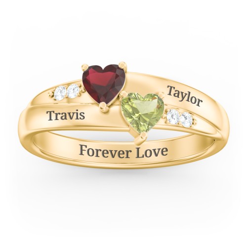 Double Heart Gemstone Ring with Accents – 10K Yellow Gold with Garnet, Peridot, and Cubic Zirconia