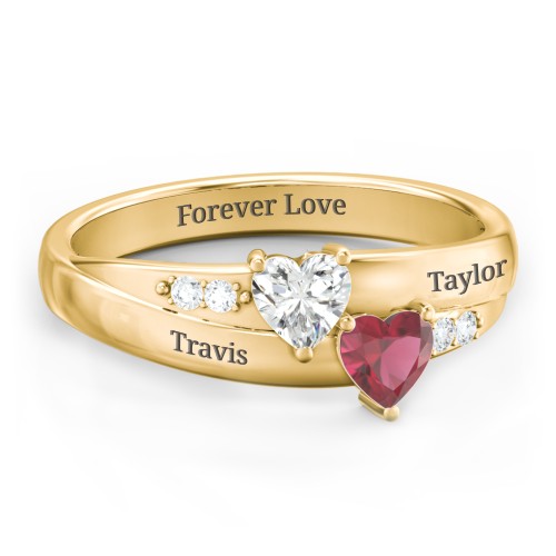 Double Heart Gemstone Ring with Accents – 10K Yellow Gold with Cubic Zirconia and Ruby