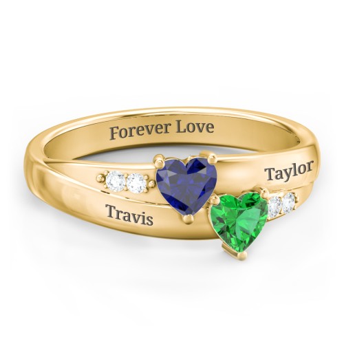 Double Heart Gemstone Ring with Accents – 10K Yellow Gold with Blue Sapphire, Emerald, and Cubic Zirconia