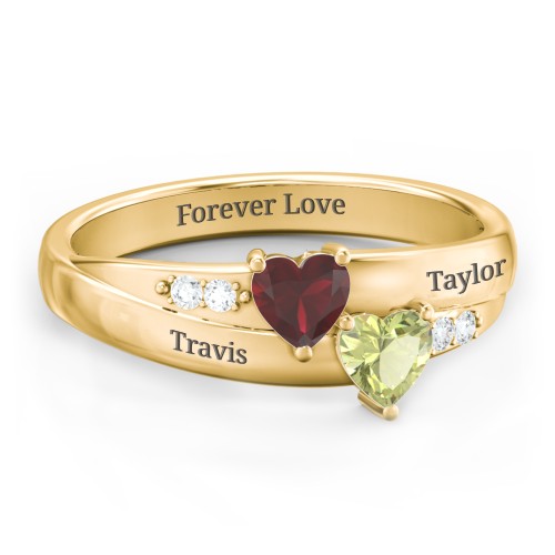 Double Heart Gemstone Ring with Accents – 10K Yellow Gold with Garnet, Peridot, and Cubic Zirconia
