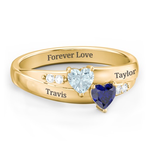 Double Heart Gemstone Ring with Accents – 10K Yellow Gold with Aquamarine, Blue Sapphire, and Cubic Zirconia