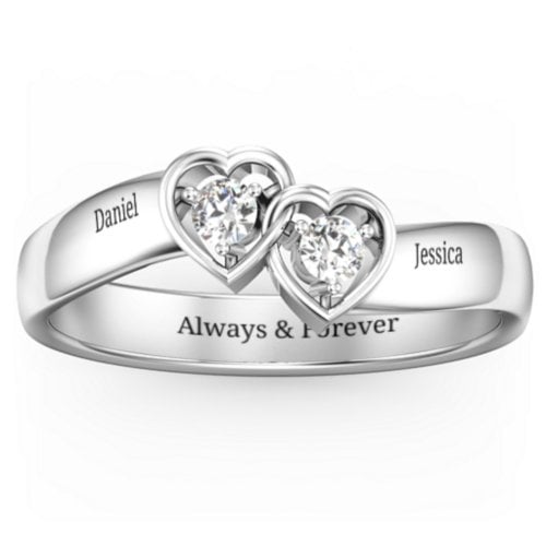 Double Interlocked Hearts Ring – Sterling Silver with Diamond