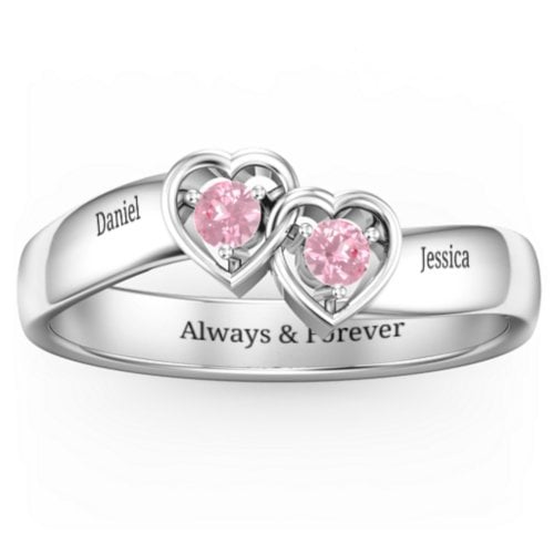 Double Interlocked Hearts Ring – Sterling Silver with Pink Tourmaline