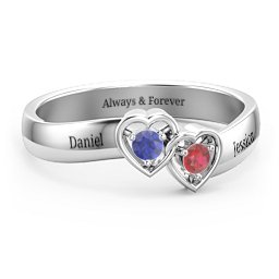 Double Interlocked Hearts Ring in 925 Sterling Silver with Blue Sapphire and Garnet