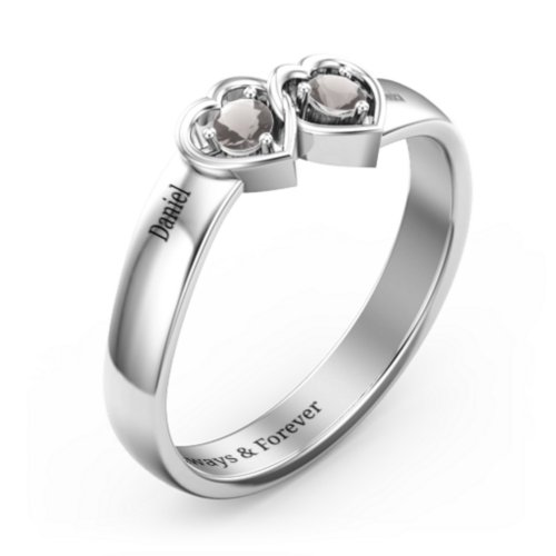 Double Interlocked Hearts Ring – Sterling Silver with Smokey Quartz