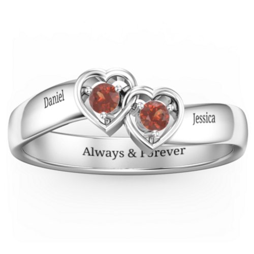 Double Interlocked Hearts Ring – Sterling Silver with Garnet