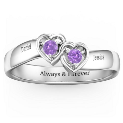 Double Interlocked Hearts Ring – Sterling Silver with Amethyst