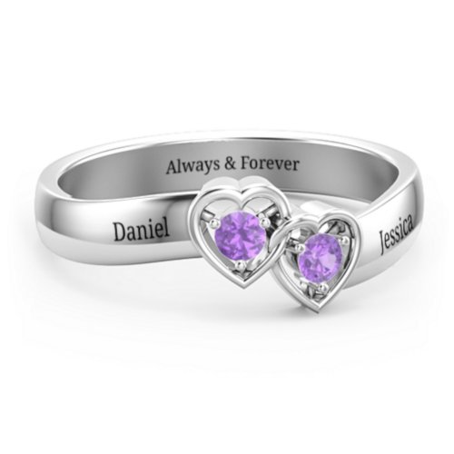 Double Interlocked Hearts Ring – Sterling Silver with Amethyst
