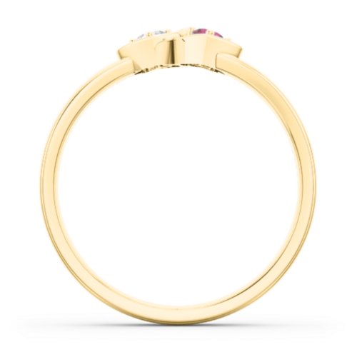 Double Interlocked Hearts Ring – 10K Yellow Gold with Cubic Zirconia and Ruby