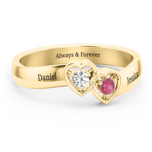 Double Interlocked Hearts Ring – 10K Yellow Gold with Cubic Zirconia and Ruby