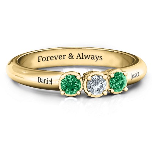 Triple Round Stone Ring – 10K Yellow Gold with Emerald and Cubic Zirconia