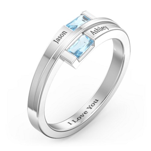 Double Baguette Bypass Ring – Sterling Silver with Blue Topaz