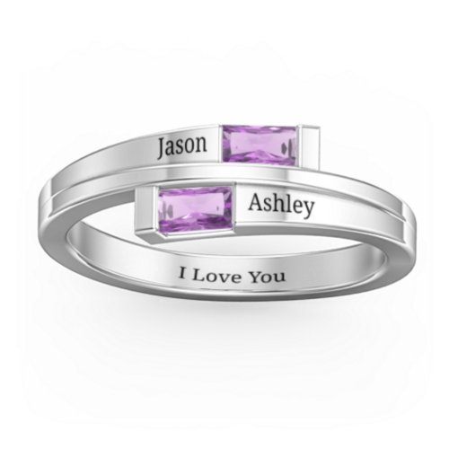 Double Baguette Bypass Ring – Sterling Silver with Amethyst