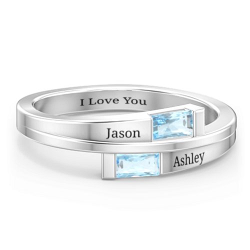 Double Baguette Bypass Ring – Sterling Silver with Blue Topaz