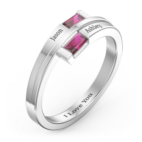 Double Baguette Bypass Ring – Sterling Silver with Ruby