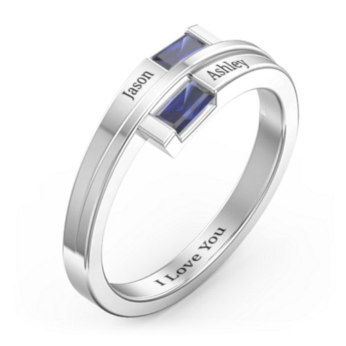 Double Baguette Bypass Ring – Sterling Silver with Blue Sapphire