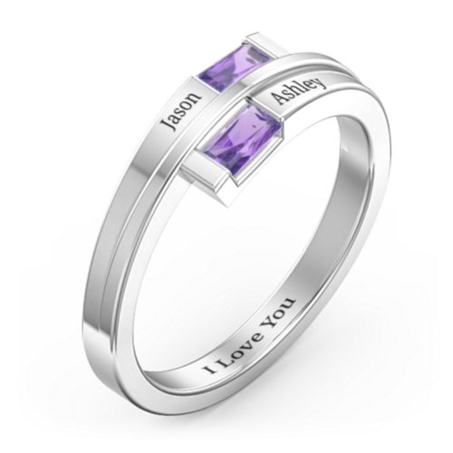 Double Baguette Bypass Ring – Sterling Silver with Amethyst