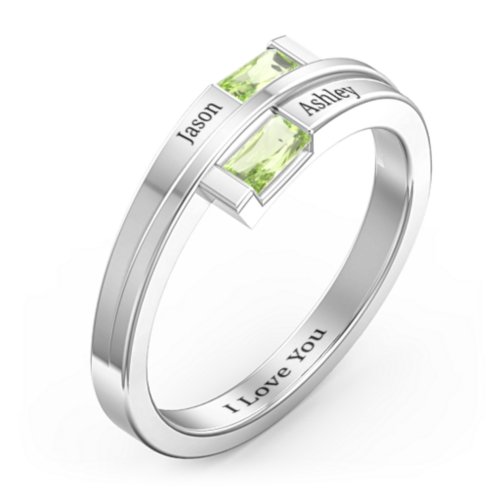 Double Baguette Bypass Ring – Sterling Silver with Peridot