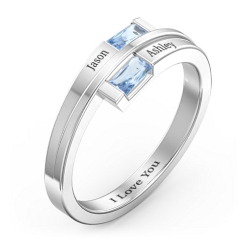 Double Baguette Bypass Ring – Sterling Silver with Blue Topaz