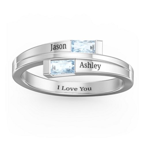 Double Baguette Bypass Ring – Sterling Silver with Aquamarine