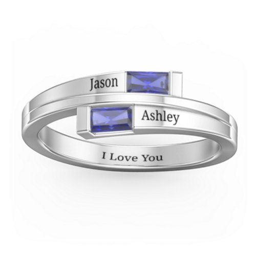Double Baguette Bypass Ring – Sterling Silver with Blue Sapphire