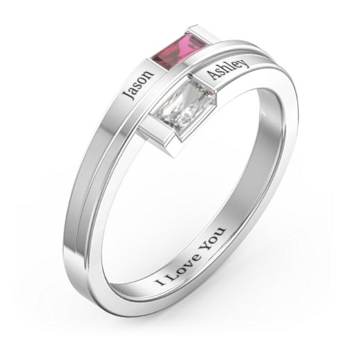 Double Baguette Bypass Ring – 10K White Gold with Ruby and Cubic Zirconia