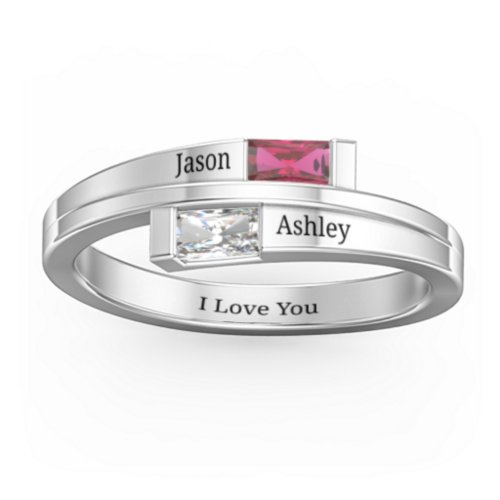 Double Baguette Bypass Ring – 10K White Gold with Ruby and Cubic Zirconia