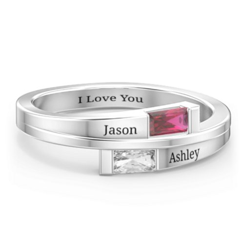 Double Baguette Bypass Ring – 10K White Gold with Ruby and Cubic Zirconia