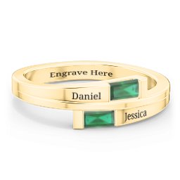 Double Baguette Bypass Ring in 10K Solid Yellow Gold with Emerald