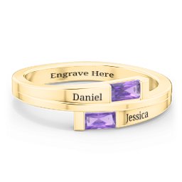 Double Baguette Bypass Ring in 10K Solid Yellow Gold with Amethyst
