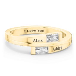 Double Baguette Bypass Ring in 10K Solid Yellow Gold with Diamond